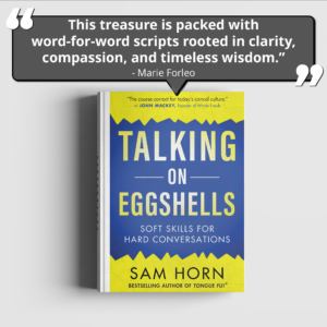 Sam Horn's Talking on Eggshells book mockup with Marie Forleo quote