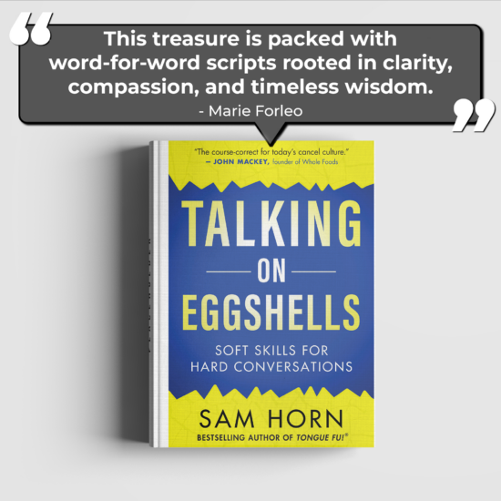 Sam Horn's Talking on Eggshells book mockup with Marie Forleo quote