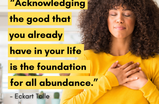 Woman in a yellow shirt showing gratitude with Eckart Tolle quote