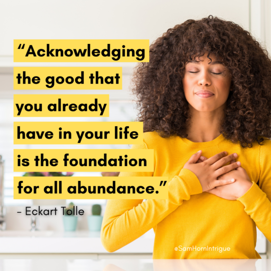 Woman in a yellow shirt showing gratitude with Eckart Tolle quote