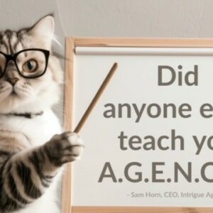 Sam Horn Did Anyone Ever Teach You Agency Image with Cat wearing glasses and teaching