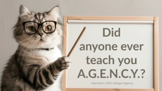 Sam Horn Did Anyone Ever Teach You Agency Image with Cat wearing glasses and teaching