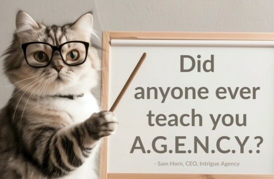 Sam Horn Did Anyone Ever Teach You Agency Image with Cat wearing glasses and teaching