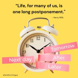 Clock on yellow background with pink tags and Henry Mills quote