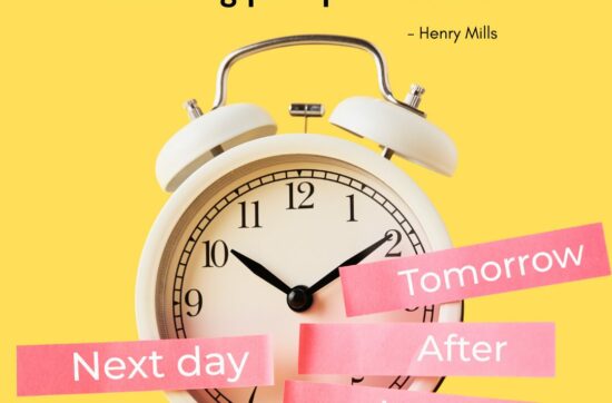 Clock on yellow background with pink tags and Henry Mills quote