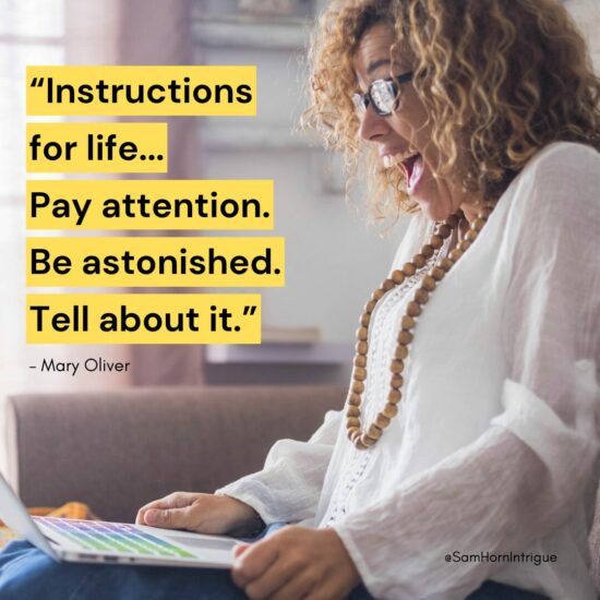 Woman writing with quote from Mary Oliver