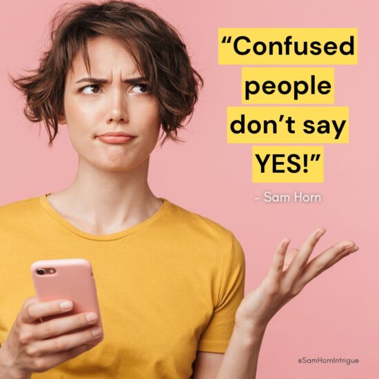 Sam Horn quote with confused woman on pink background