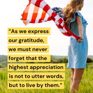 AHA Image with JFK quote about gratitude - woman holding usa flag in field