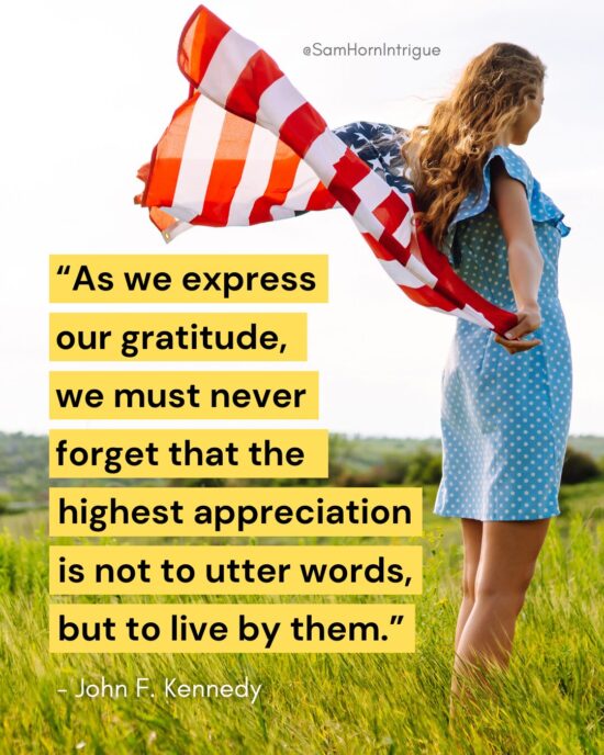 AHA Image with JFK quote about gratitude - woman holding usa flag in field