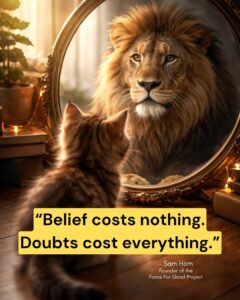 Sam Horn quote image with kitten looking in mirror seeing lion